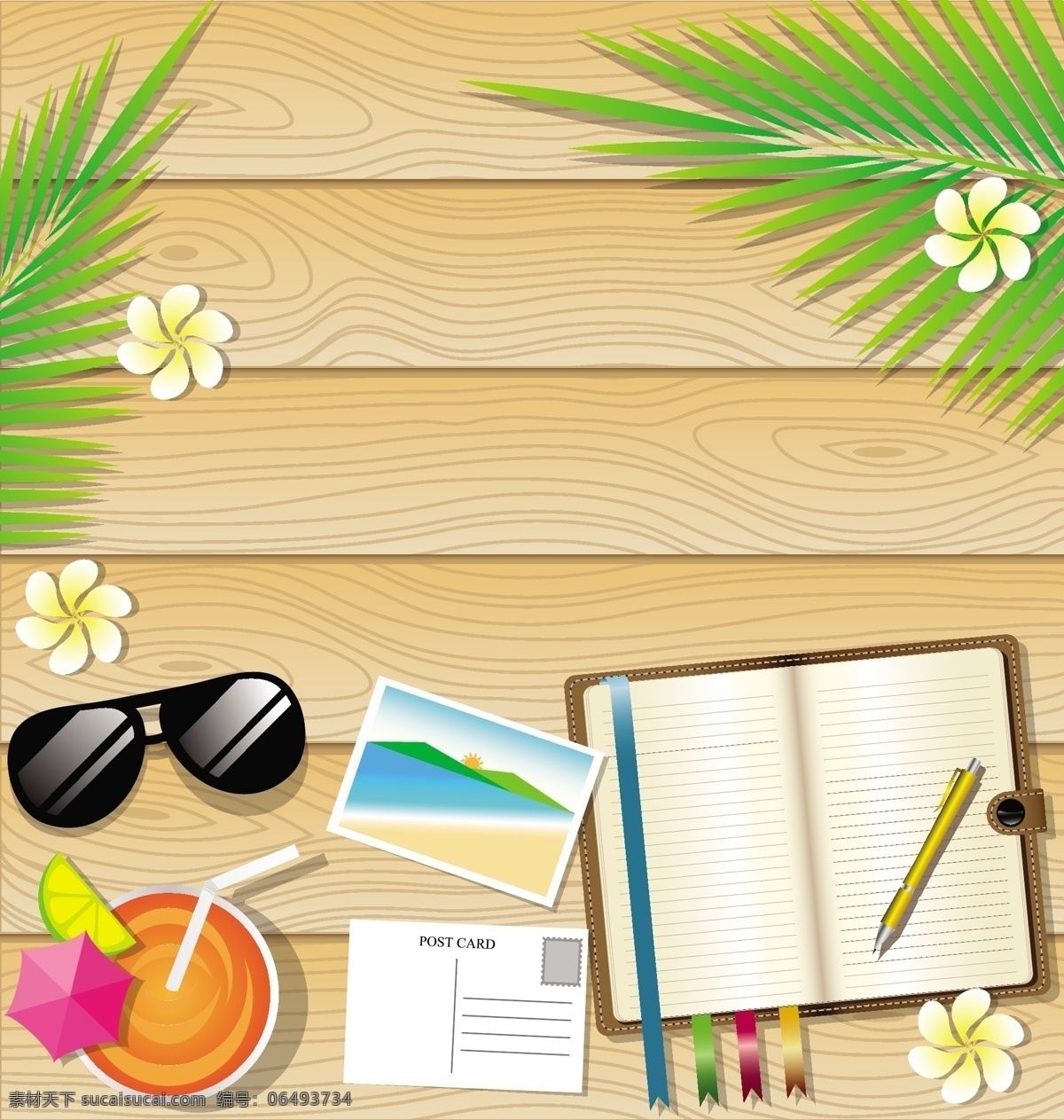 桌子 上 夏日 度假 沙滩 椰树 矢量 树枝 本子 复古 创意 涂鸦 英文 小清新 卡通 填充 插画 背景 海报 广告 包装 印刷
