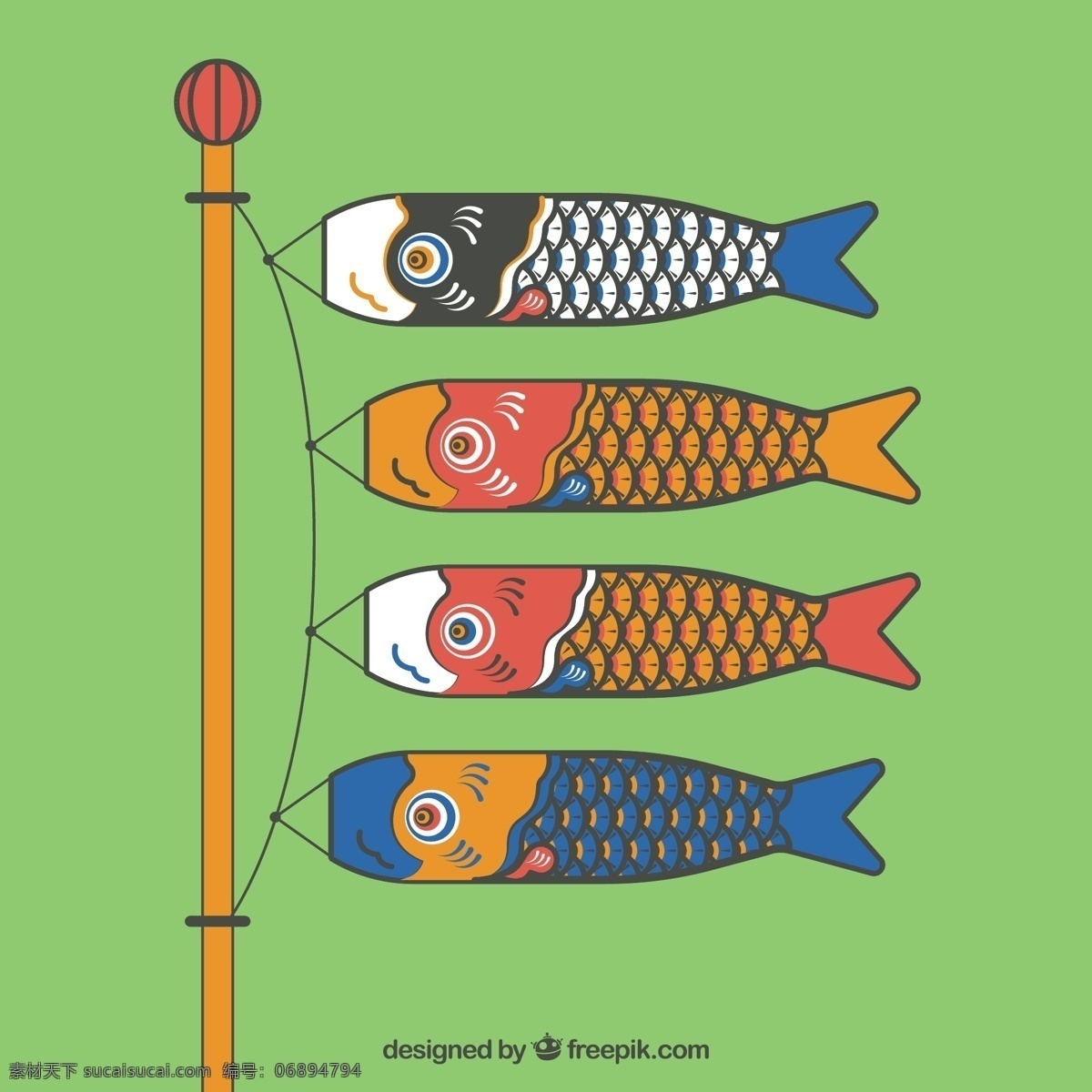 彩色 日本 鲤鱼 旗 矢量 绿色