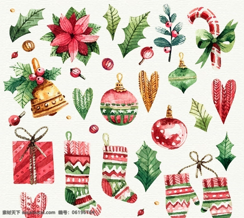 水彩 绘 圣诞 装饰物 矢量图 水彩绘圣诞 矢量 手绘 彩绘 创意 花纹 吊球 圣诞节 装饰 挂件 彩球 礼物 圣诞袜