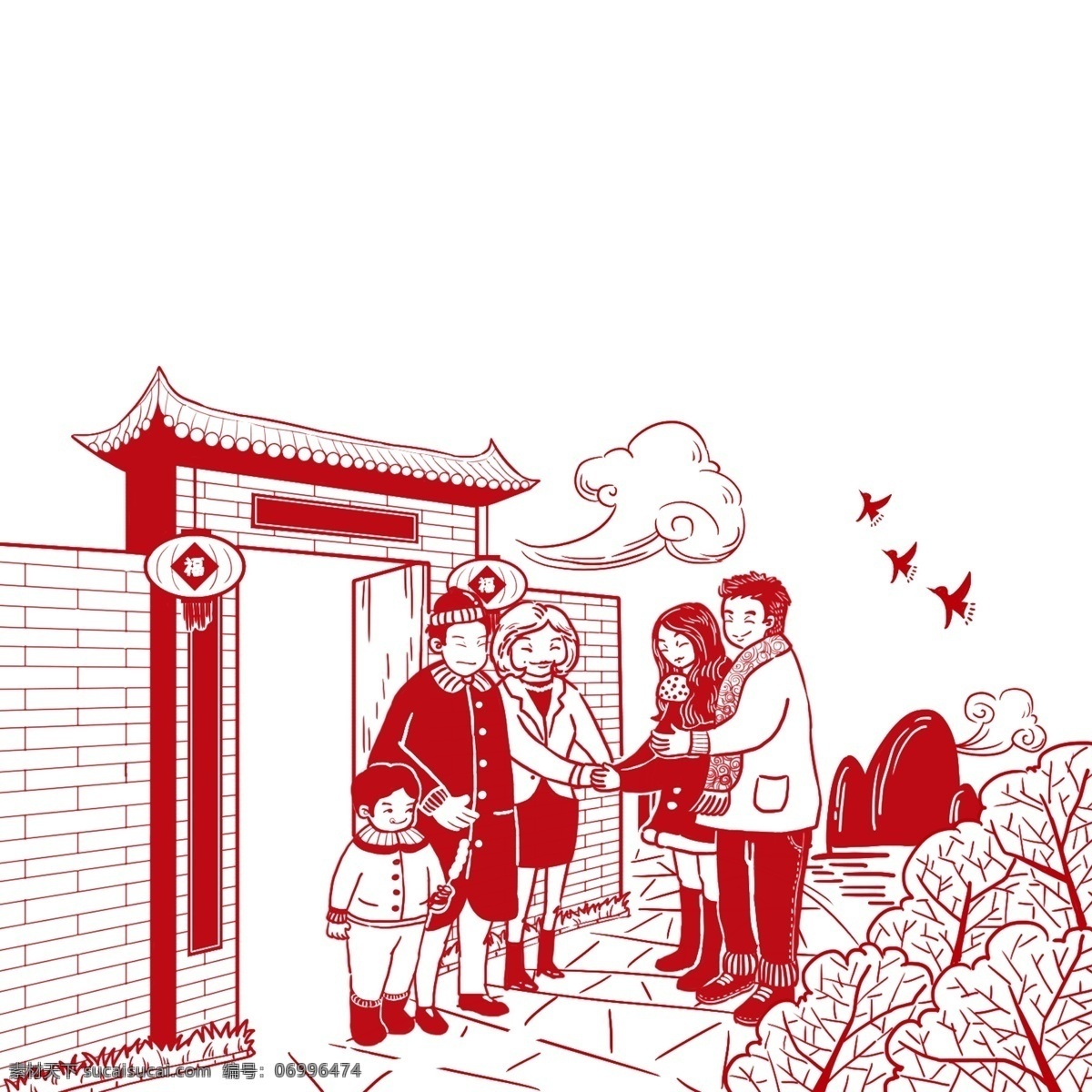红色 剪纸 风 回老家 探亲 场景 图 中国风 回家 过年 团聚 拜年 老人 夫妻 回乡 寒暄 恭贺新年 春节