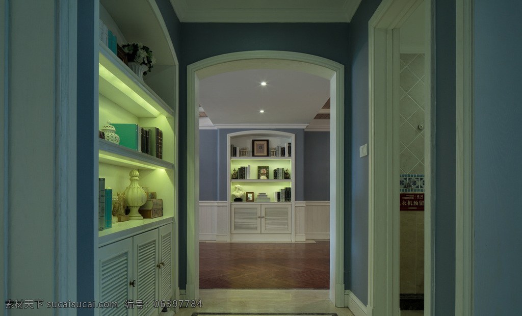 地中海 蓝色 凋 走廊 装修 效果图 蓝色凋 射灯 储物柜 柜子