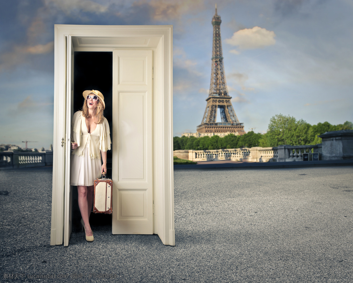 开启 旅游 创意 门 女士 行李箱 女人 铁塔 风景 开启的门 创意门 设计门 时尚创意 创意图片 其他类别 环境家居 灰色