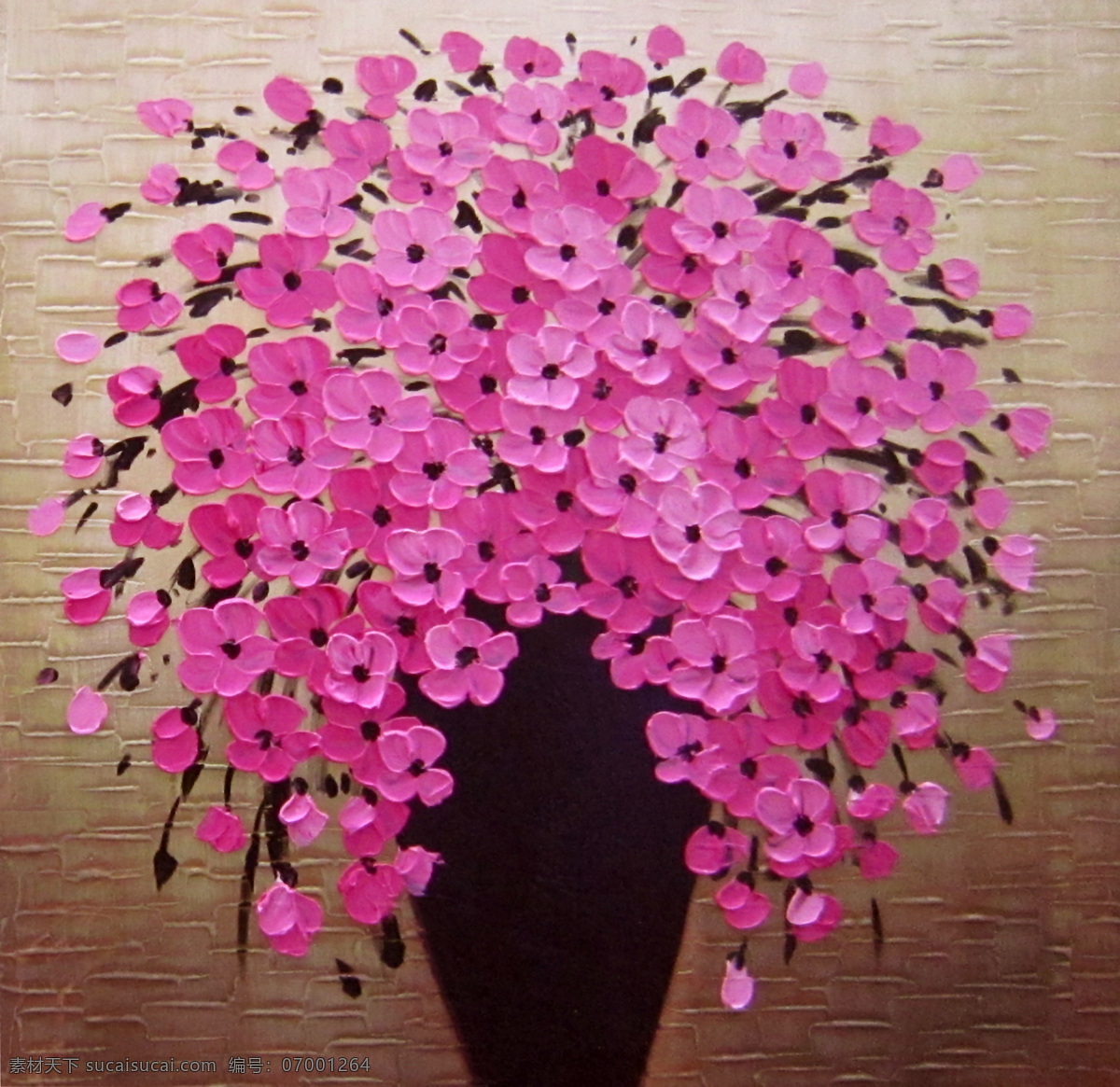 粉色花卉油画 手绘油画 粉色小花 花瓶 肌理 刀画技法 绘画书法 文化艺术