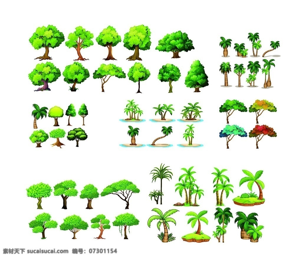 矢量图 大树 松树 椰子树 彩色 装饰绿植 绿树 绿叶树木树林 四季树 花草树木 春天的树叶 生物世界 树木 树叶 花草
