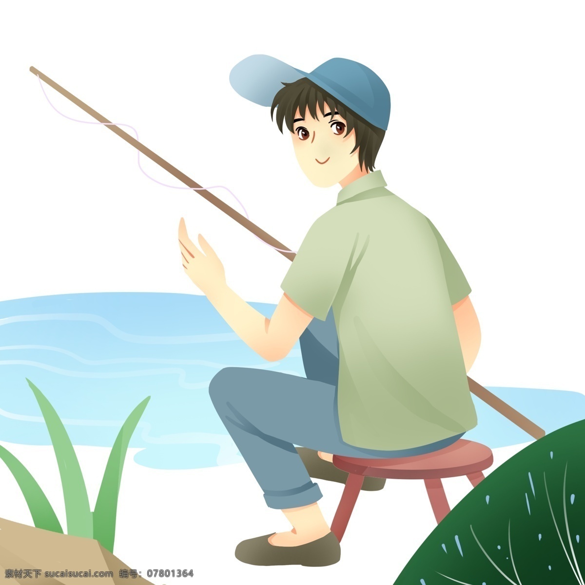 春游 踏青 钓鱼 小 男孩 人物 插画 钓鱼的小男孩 蓝色海水 戴帽子男孩 长长的鱼竿 卡通的人物