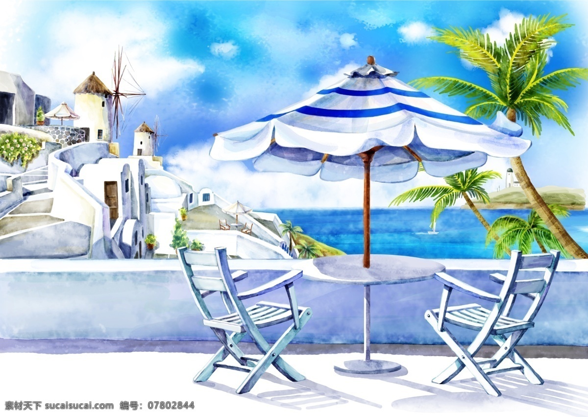 清凉 夏日 沙滩 风景 插画 唯美 浪漫 蓝天白云 城堡 大海 海滩 手绘 清新 夏天 帆船 绘画 国外风景 休闲伞 躺椅 椰树 地中海建筑 卡通漫画 动漫动画 风景漫画