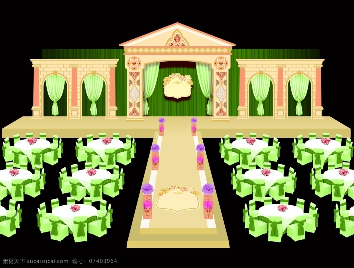欧式 婚庆 舞台设计 欧式舞台背景 欧式婚庆背景 欧式婚庆t台 路引 舞台效果图 绿色布幔 罗马门 罗马柱 黑色