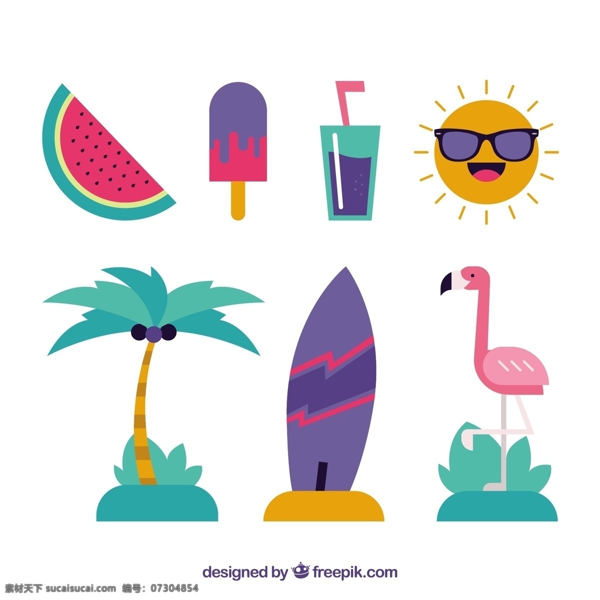 夏季 元素 平面 采集 树 海洋 海滩 水果 冰淇淋 色彩 度假 平板 冰 饮料 棕榈树 平面设计 棕榈 火烈鸟 奶油