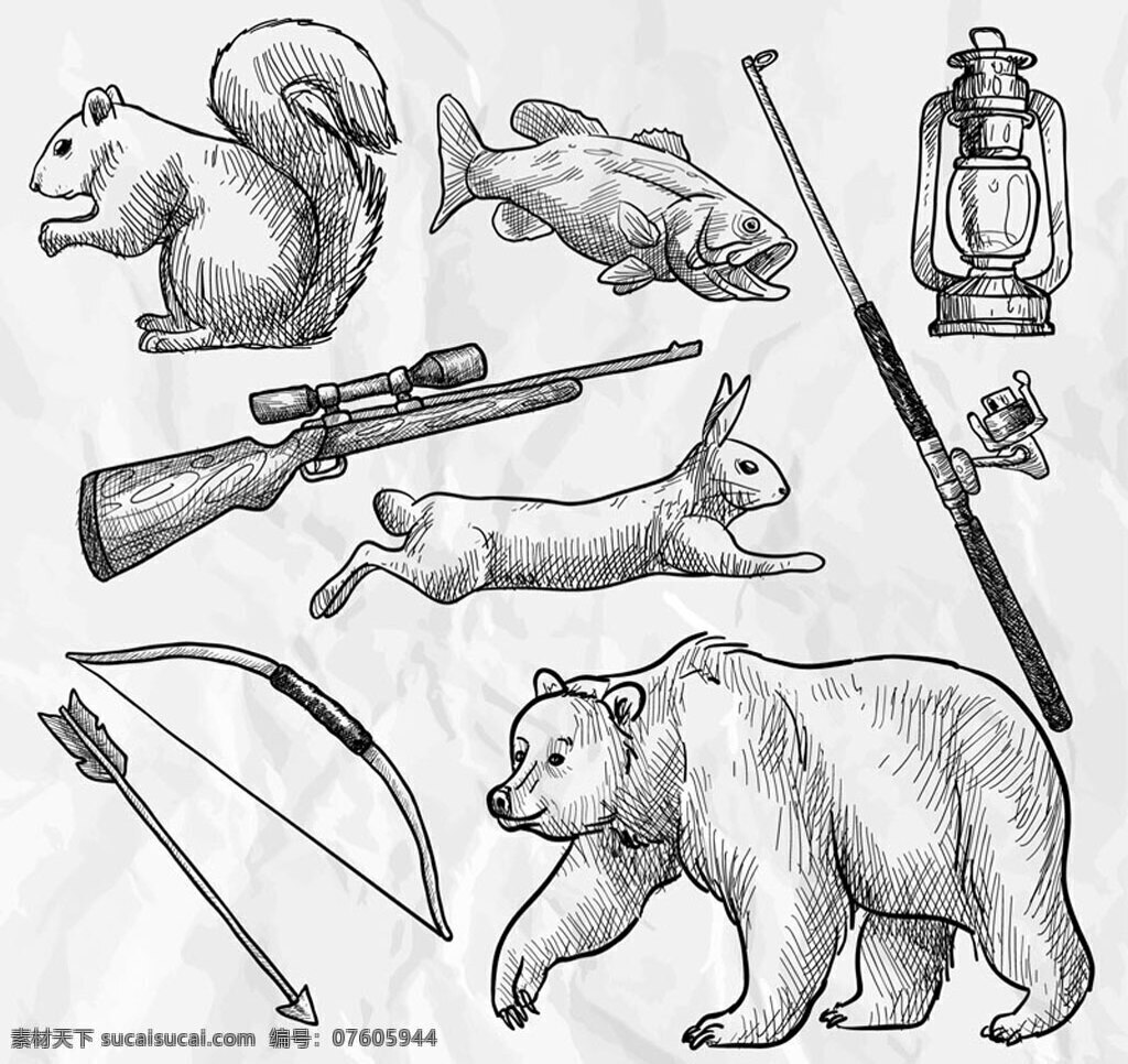 手绘 森林 狩猎 元素 箭 弓 鱼竿 松鼠 熊 兔子 鱼 灯 煤油灯 抢 白色
