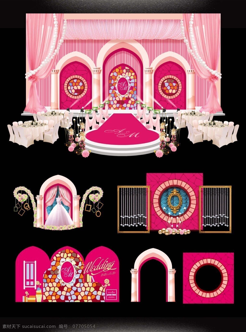 欧式 教堂 主题 婚礼 婚礼布置 粉色舞台 签到区 效果图 迎宾区 黑色