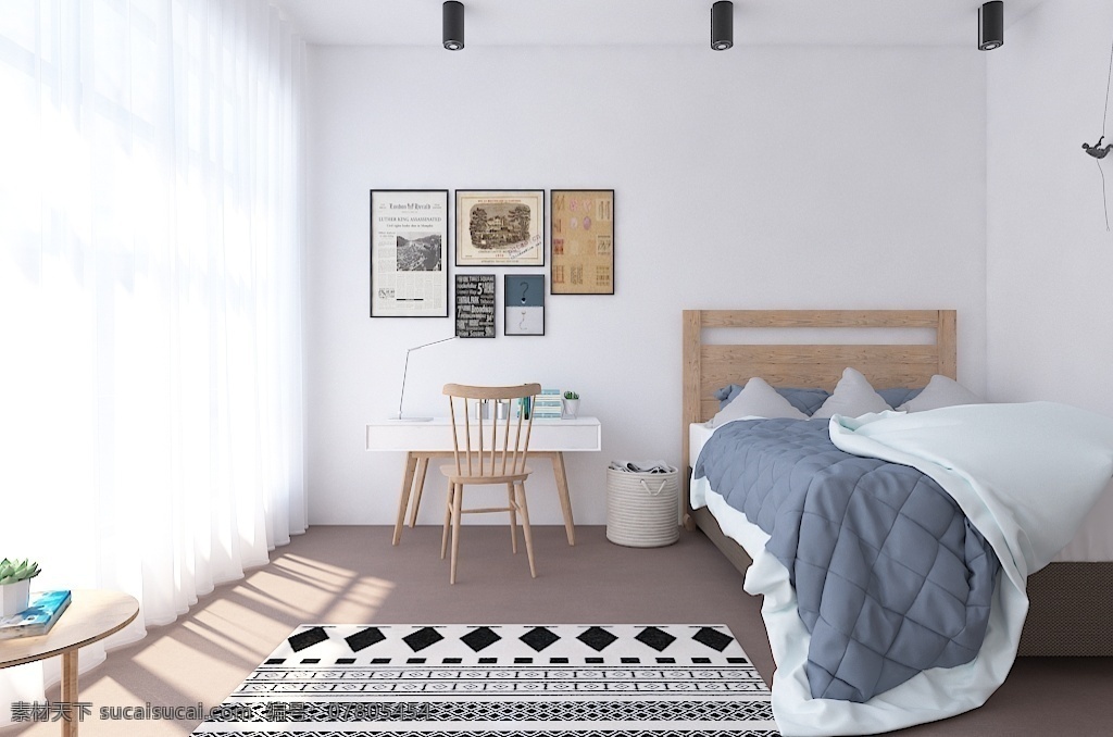 北欧 极 简单 人 卧室 书房 效果图 温馨 舒适 室内设计 极简 单人卧室 白色 工作空间