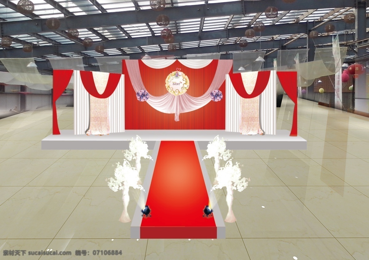 红色 婚礼 背景 3d 效果图 立体 舞台背景