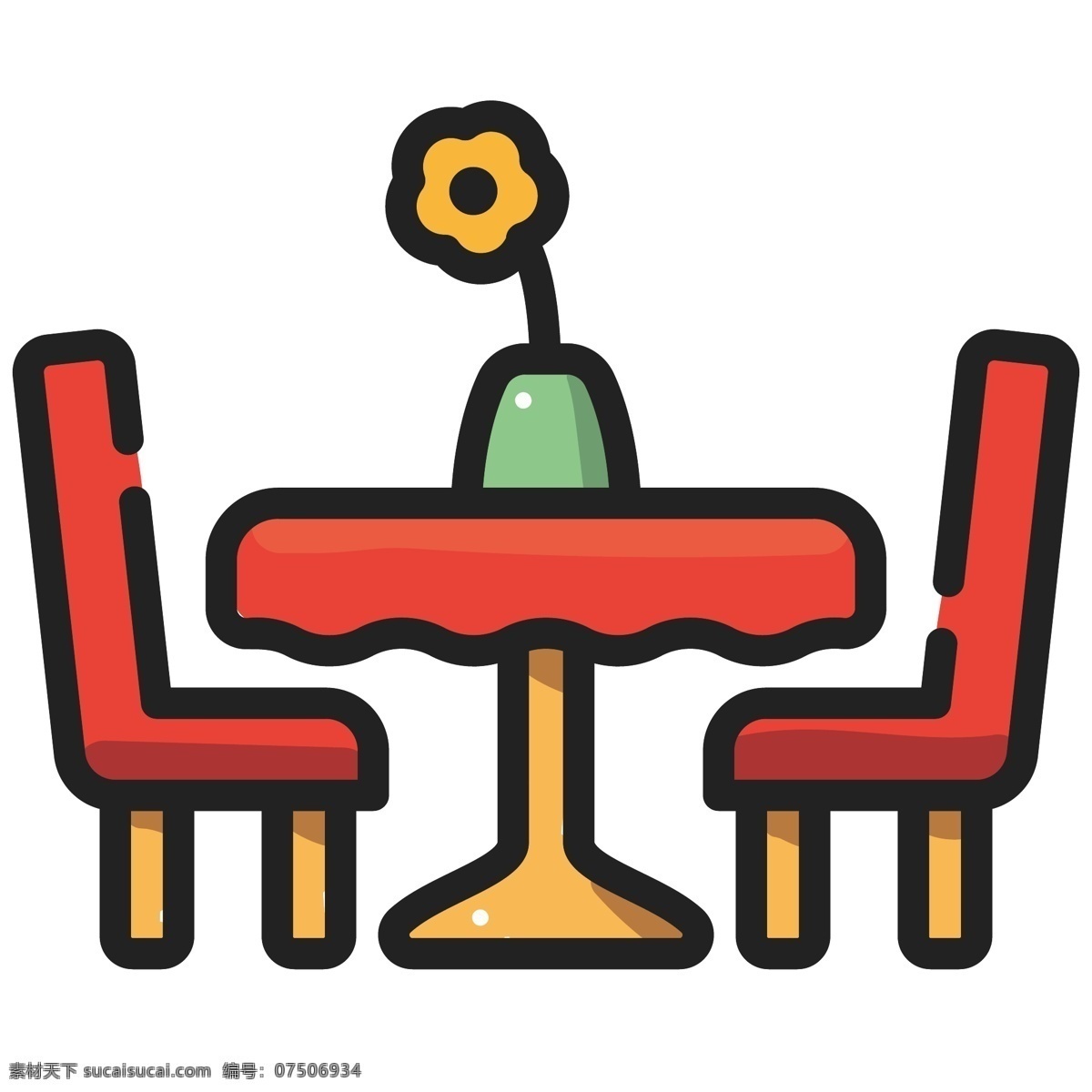 卡通 红色 餐桌 插画 红色餐桌 办公桌 黄色花朵花瓶 绿色花瓶摆件 红色座椅 餐饮 餐厅 卡通家具插画