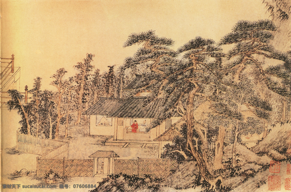 山水 名画 书画 友 松 图 二部 分 古画 山水画 书画真迹 中国水墨画 友松图 名家杜琼作品 文化艺术