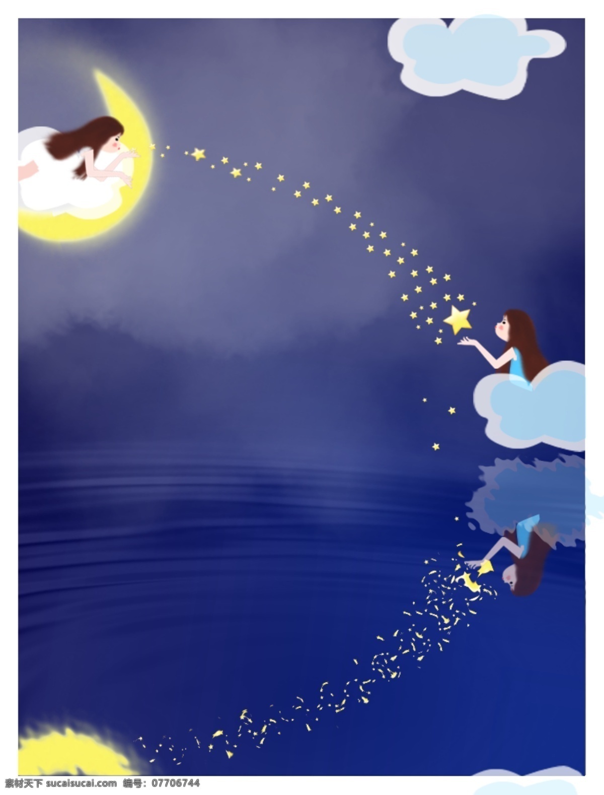 梦女孩 女孩 两个 星星 月亮 夜空