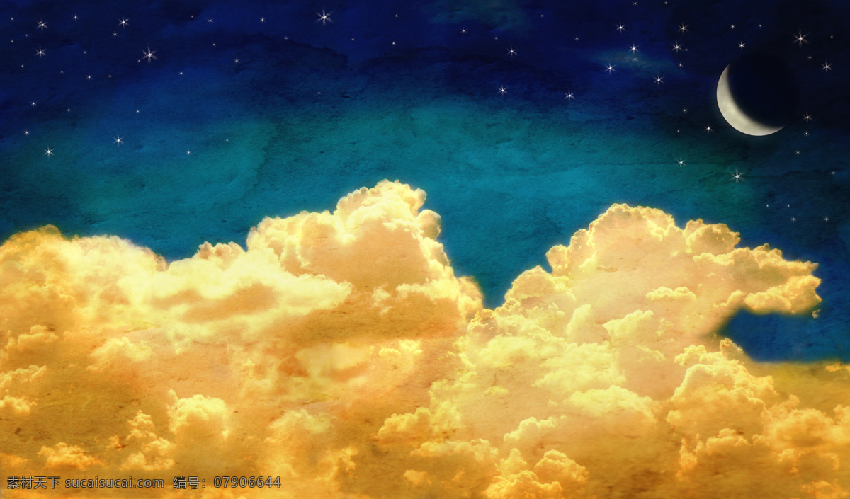 星空背景素材 云层 星空 月亮 星星 月夜 夜景 夜晚 底纹背景 创意图片 自然风景 自然景观 黄色