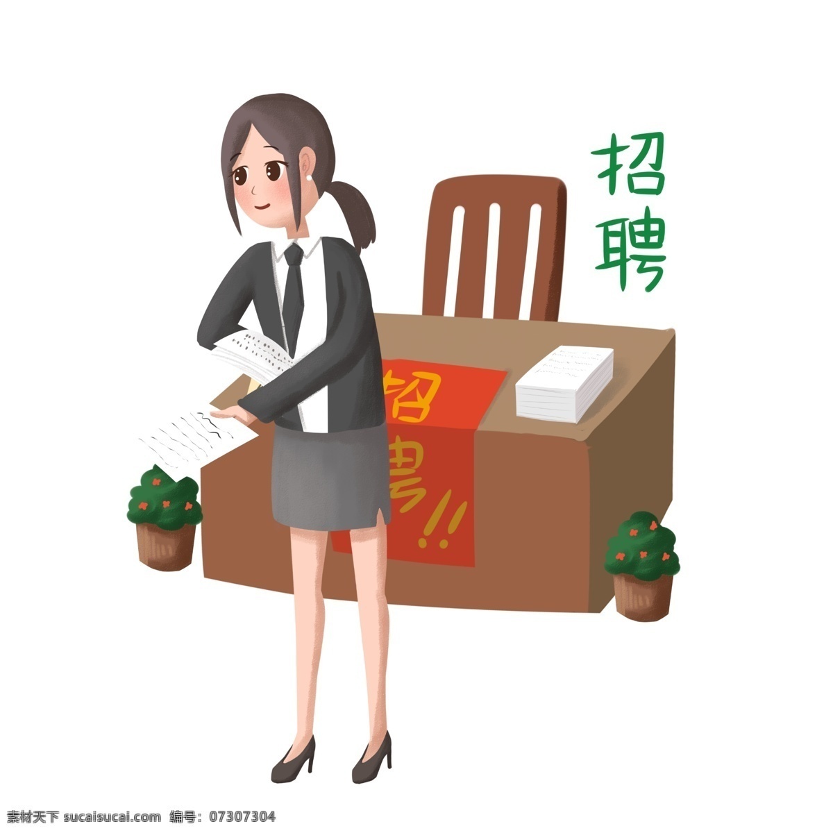 招聘 招兵买马 插画 红色的招聘 卡通插画 招聘插画 网络招聘 手机招聘 招聘人才 棕色的桌子