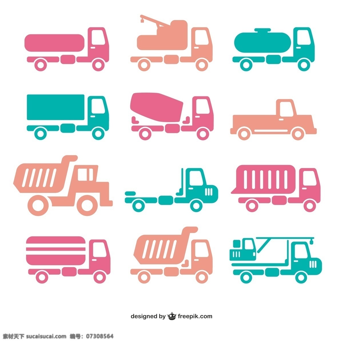 运输车图标 交通工具图标 运输车 货车 水泥车 垃圾车 卡车 搬运车 吊车 白色