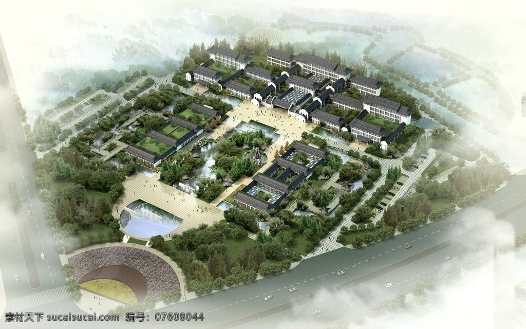 旅游区 古建筑 景观设计 马路 汽车 人物 广场 池塘 草地 树木 房屋 建筑物 环境设计 源文件