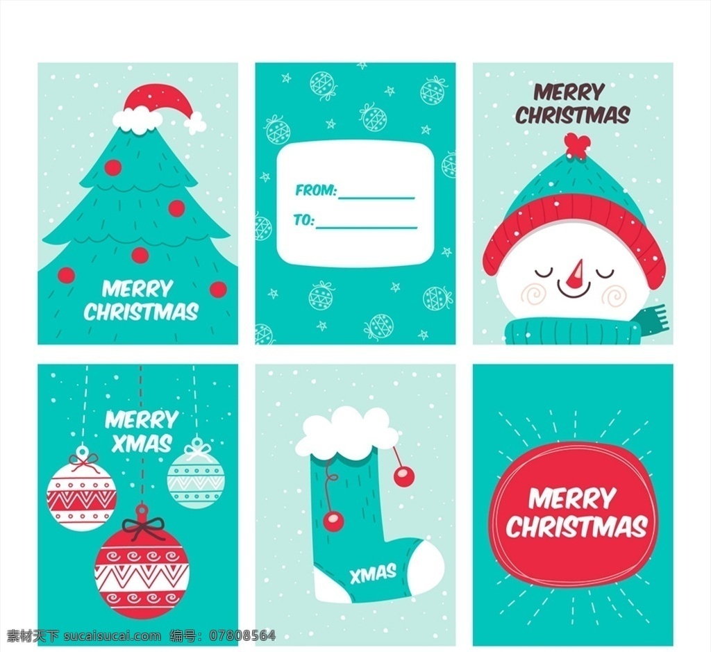 圣诞节 卡片 矢量 圣诞树 雪人 圣诞吊球 圣诞袜 蓝色 高清图片
