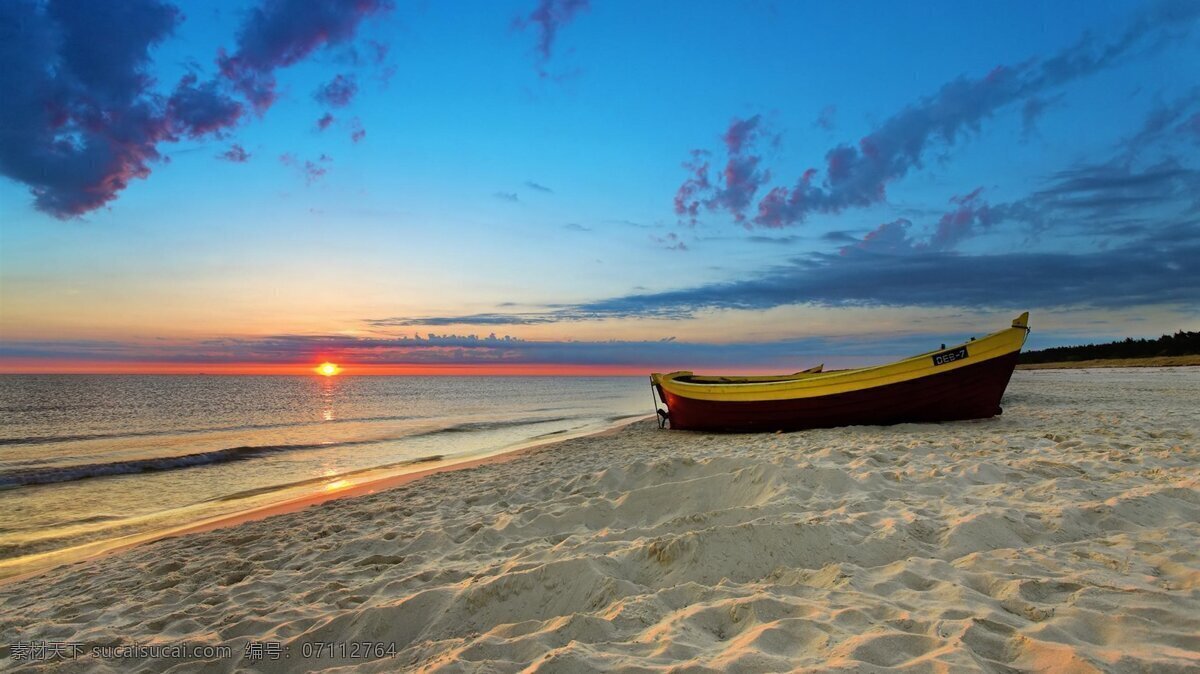 沙滩 海景 高清壁纸 沙滩海景 夕阳 小船 自然风景 自然景观 风景 生活 旅游餐饮