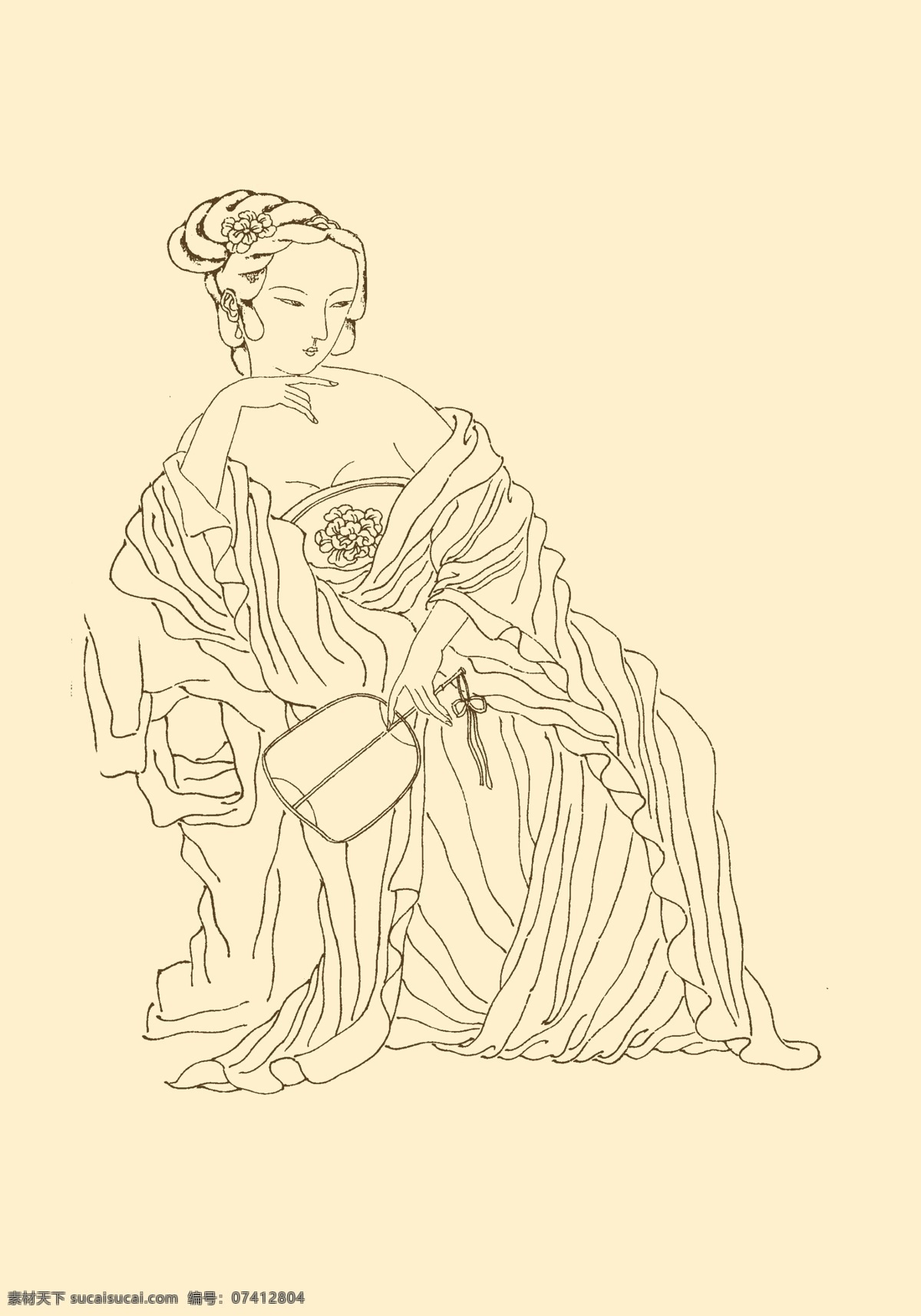 侍女 仕女 仕女线描 白描 线描 国画 中国画 人物 女性 古典 中国风 传统 扇子 分层 源文件