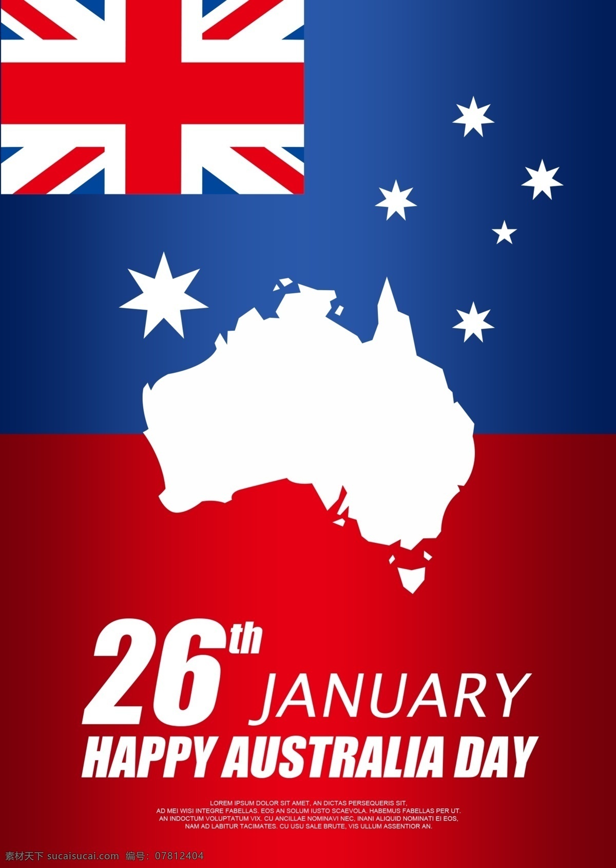 红 蓝色 简约 澳大利亚 日 庆祝 海报 模板 红色 渐变 节日 纪念日 地图 星星 国旗 澳大利亚日