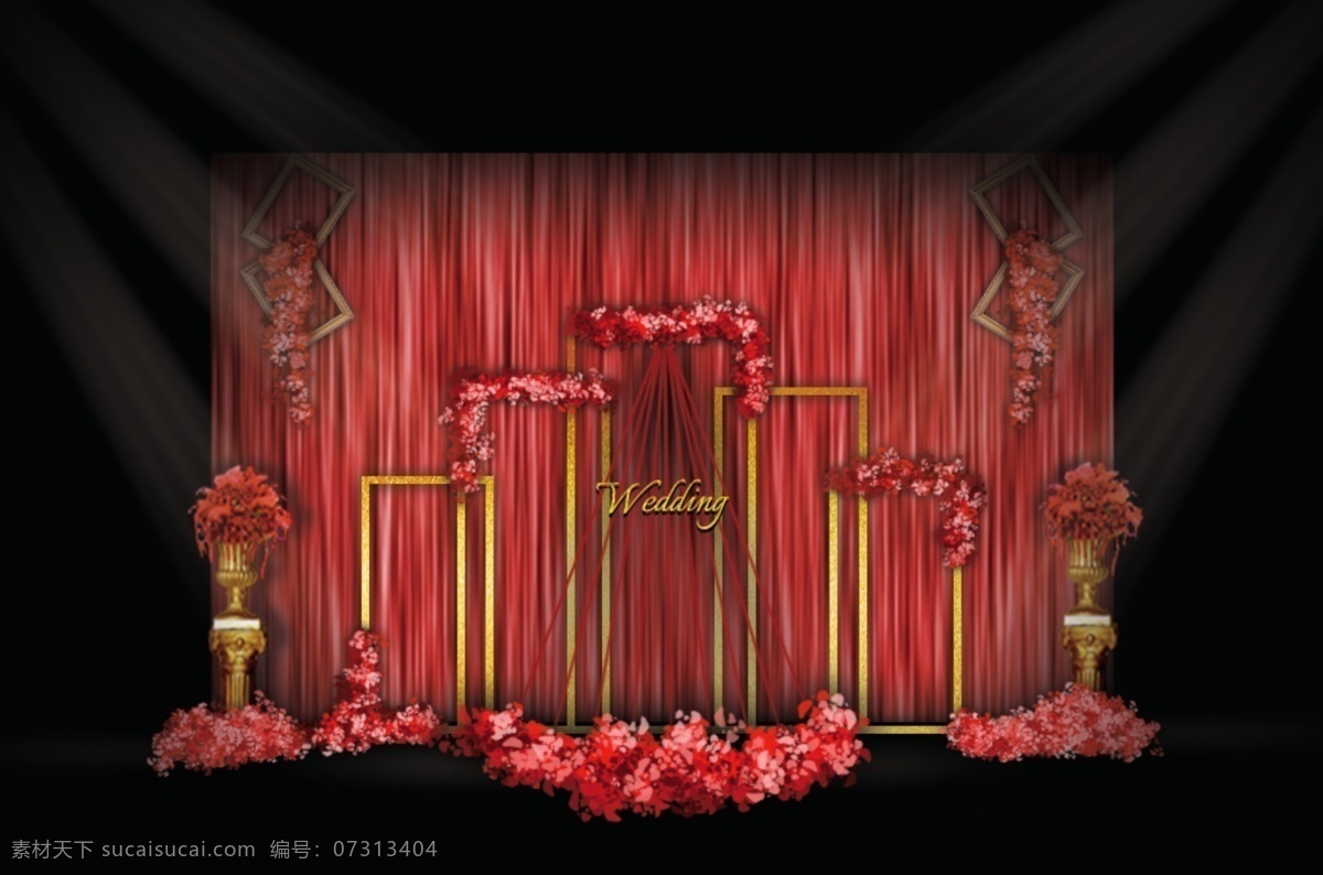 欧式 红色 婚礼 迎宾 区 效果图 简欧 wedding 铁艺造型 鲜花装饰 罗马路引 金色相框 纱幔装饰