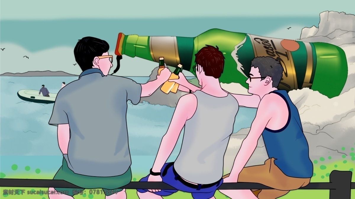 啤酒节 夏季 插画 啤酒 蓝色 绿色 清新 天空 节气 伙伴 船只 短袖 栏杆 海面