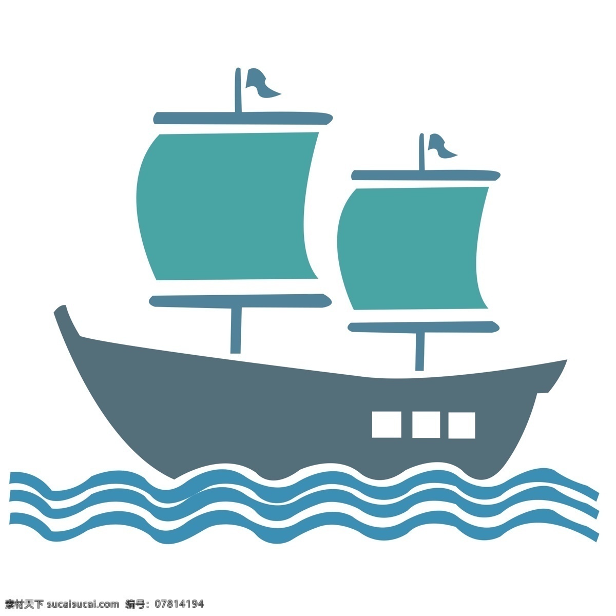 卡通 手绘 平面 帆船 一帆风顺 吉祥 祝福 碧海 蓝天 乘船 船帆 水上设施 交通工具