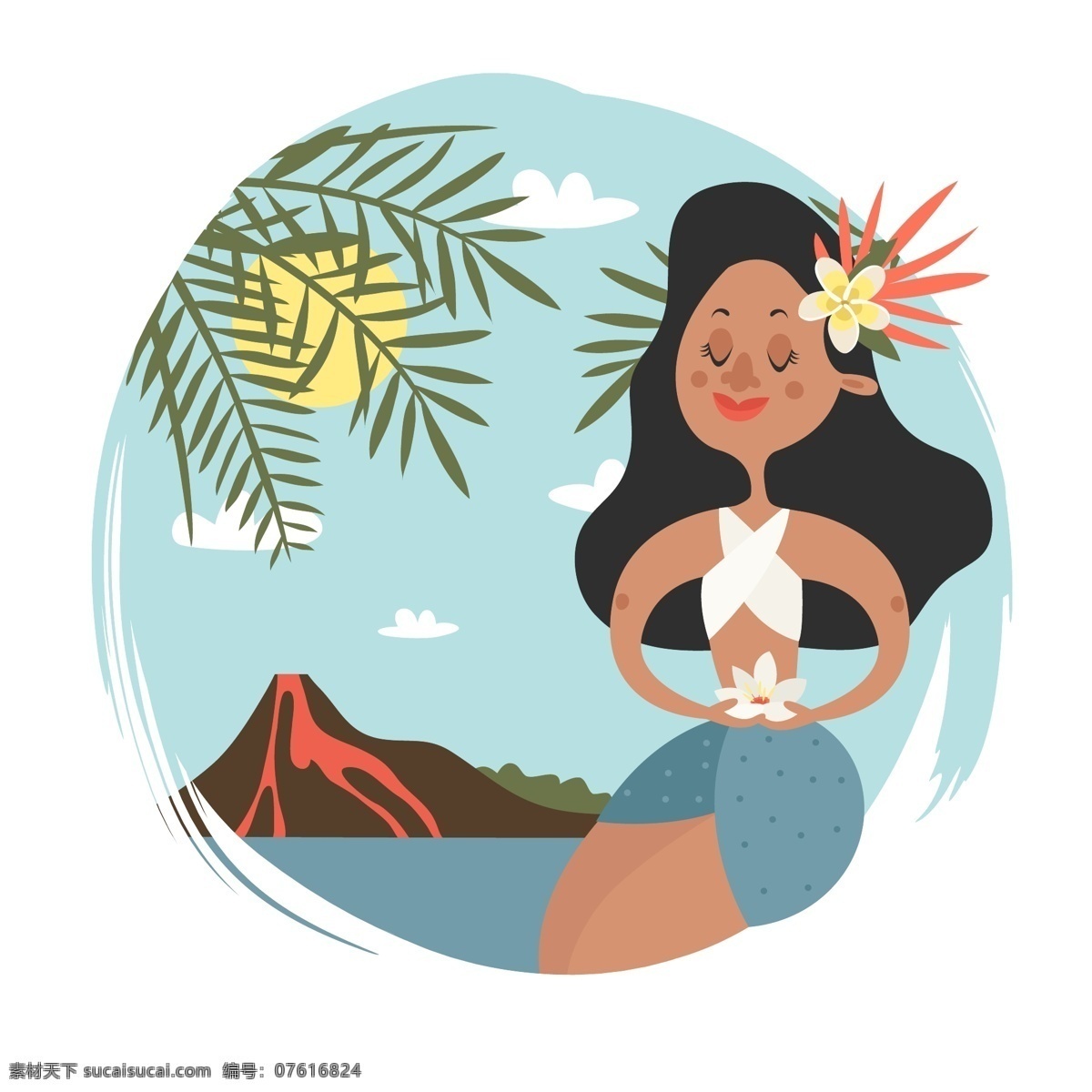 卡通 可爱 夏威夷 风情 少女 插画 人物 风景 手绘 夏天