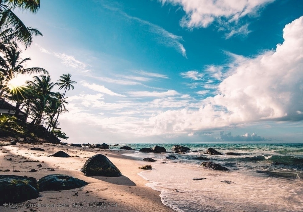 椰子树与海滩 椰子树 海滩 海浪 蓝色 绿色 自然景观 自然风景
