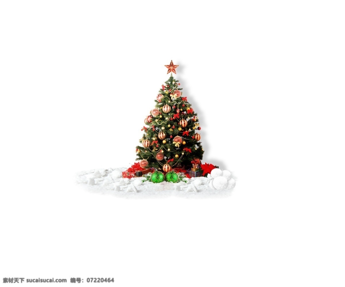 圣诞节 圣诞树 彩球 积雪 礼物 圣诞 喜庆 星星 雪地