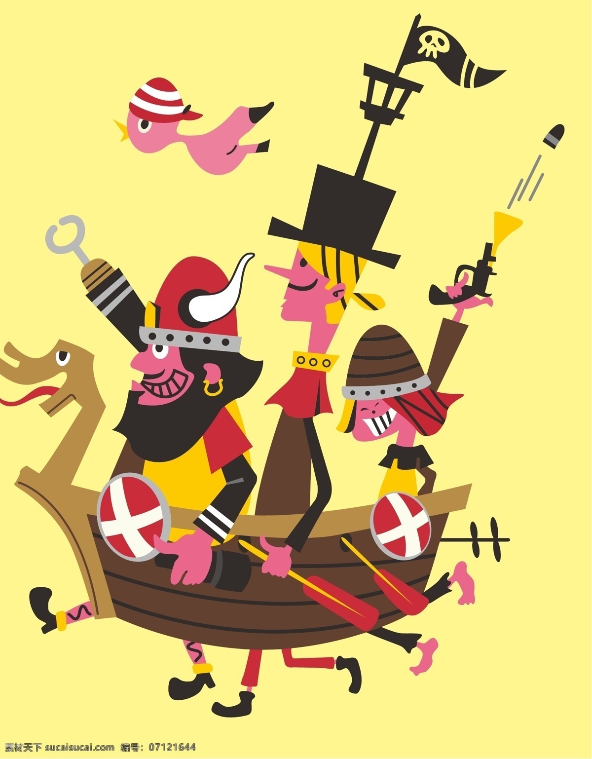 飞鸟 海盗船 加勒比海盗 卡通设计 卡通图案 龙船 手绘插画 手枪 盗 维京勇士 杰克船长 船桨 童话世界 矢量 插画集