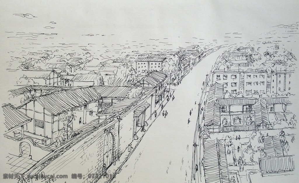 老 成都 年代 街道 老成都 川西建筑 瓦房 老墙 俯瞰图 钢笔画 绘画书法 文化艺术
