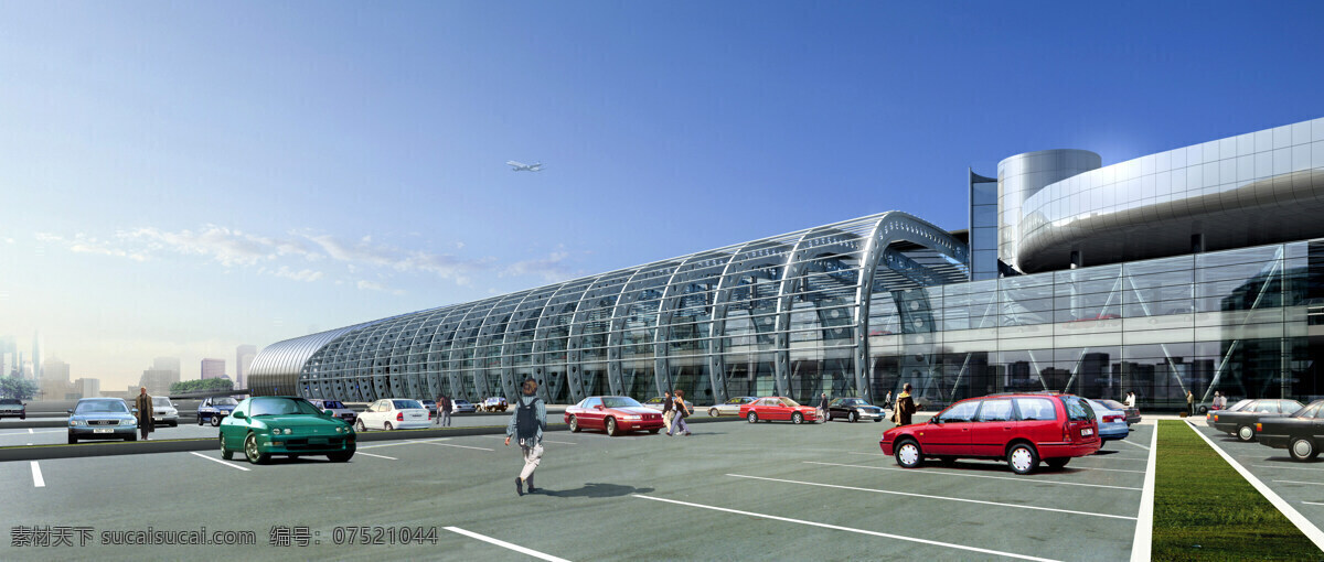 飞机场效果图 园林景观 效果图 房地产 设计欣赏 蓝在 天空 轿车 飞机 绿化 景观设计 环境设计