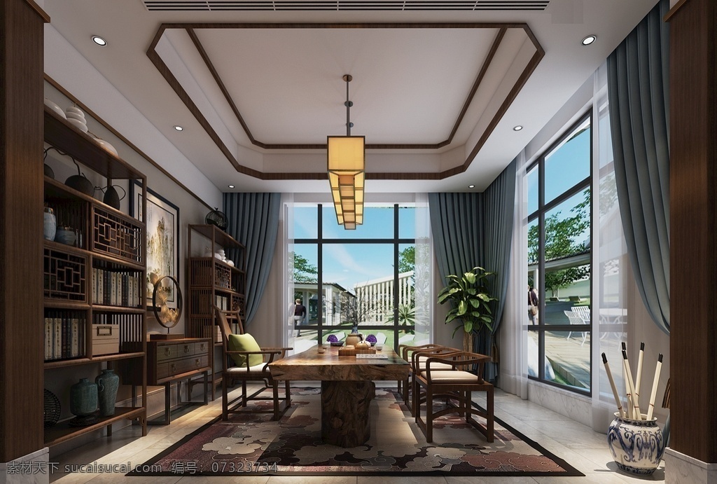 中式 书房 效果图 3d 模型 新中式 茶室 挂画 茶桌 书桌 茶盘 胡桃色 深胡桃 古典 灰色 深色 地板 瓷砖 吊顶 室内设计 效果图模型 3d设计 室内模型 max