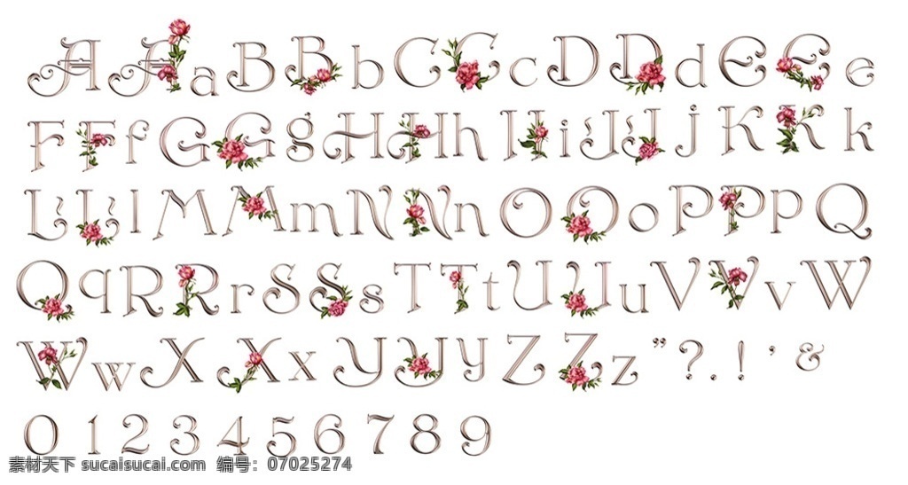 玫瑰花英文字 红色玫瑰 3d 英文字体 立体英文字 浪漫风格 金色英文字 26英文字母 大小写 数字 字母素材 字体设计 分层