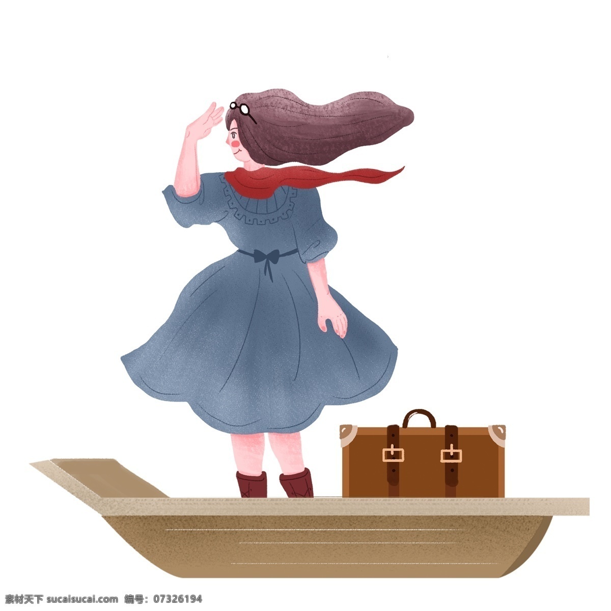 乘船 去 旅行 女孩 手绘 小清新 卡通 小船 行李 度假
