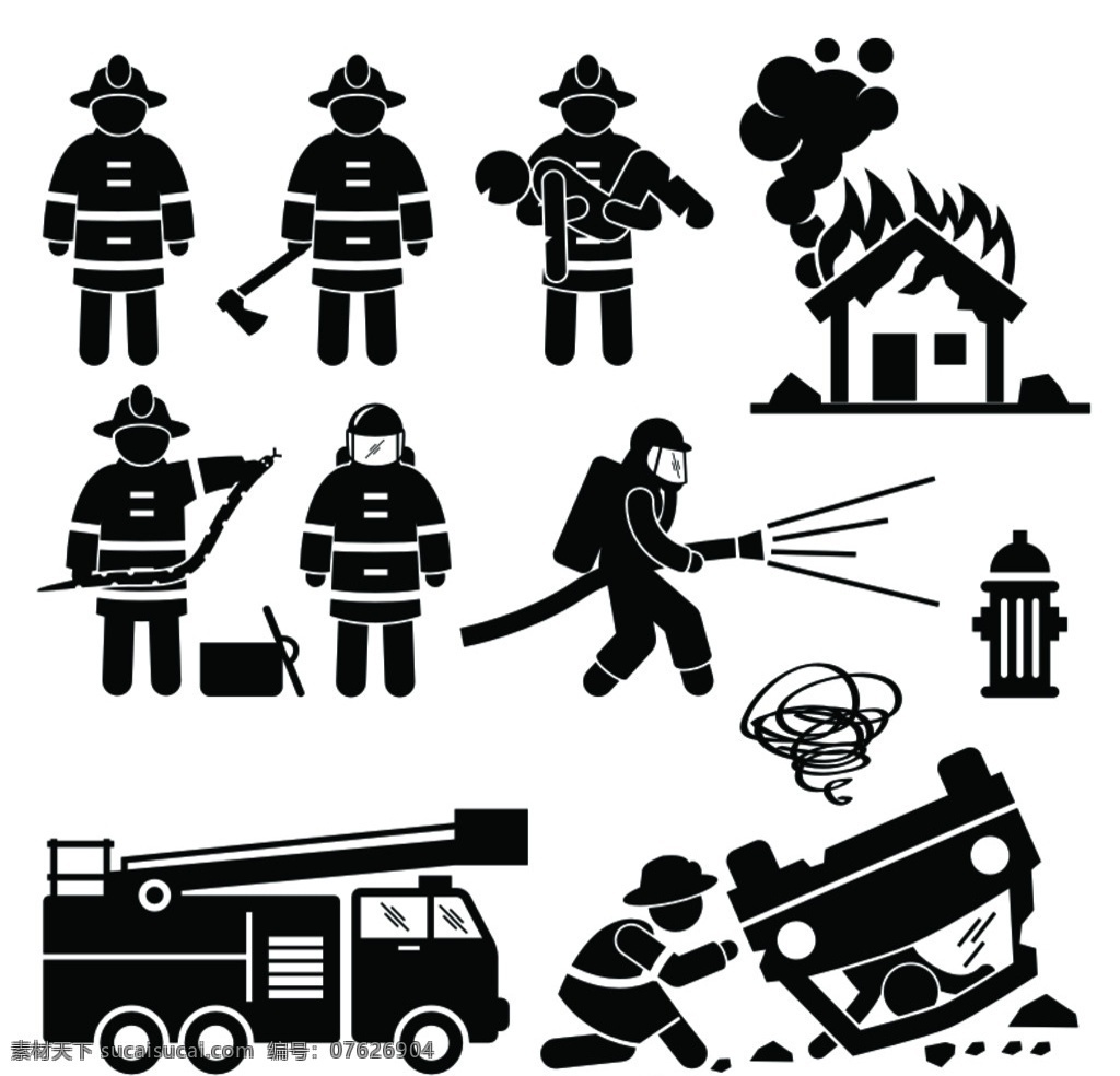 创意 消防 元素 剪影 矢量 消防元素 消防车 消防员 火灾 车祸 安全 救火 生命 矢量图 卡通设计
