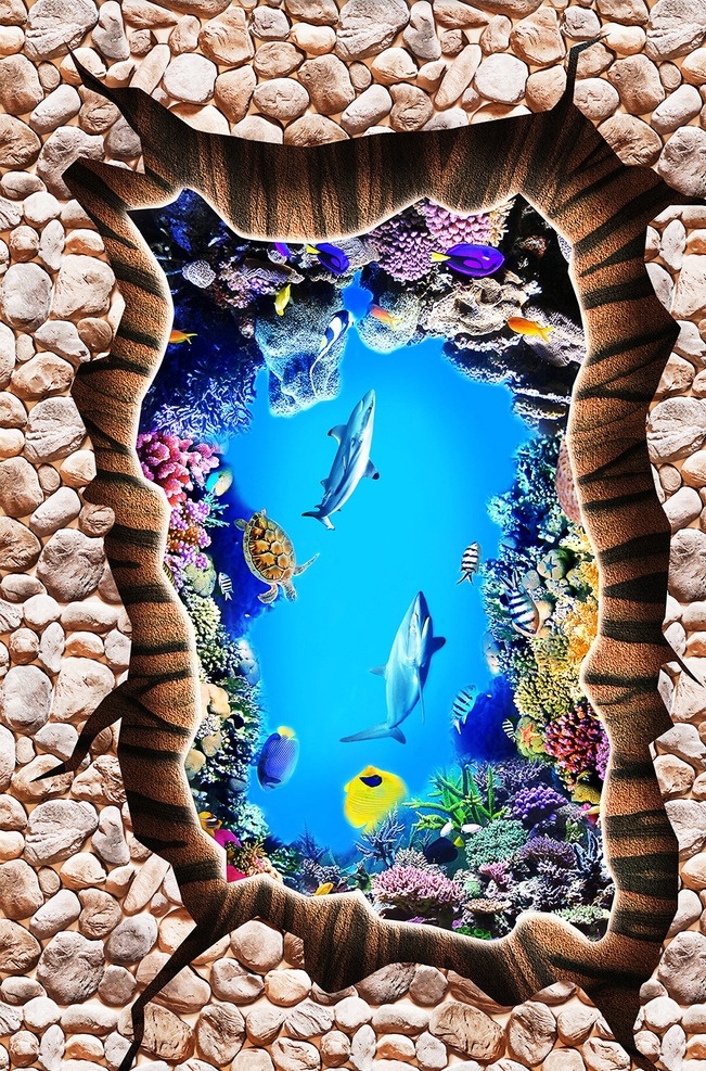 鹅卵石背景墙 海豚 海豚背景墙 海豚背景 海底世界 海草 珊瑚 海龟 鲨鱼 背景墙 底纹边框 背景底纹 bmp