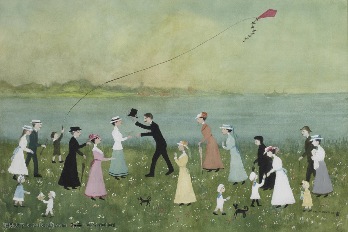 放风筝 绘画书法 踏青 文化艺术 油画 设计素材 模板下载 海伦 布拉德利 作品 英国画家 男女才少 20世纪油画