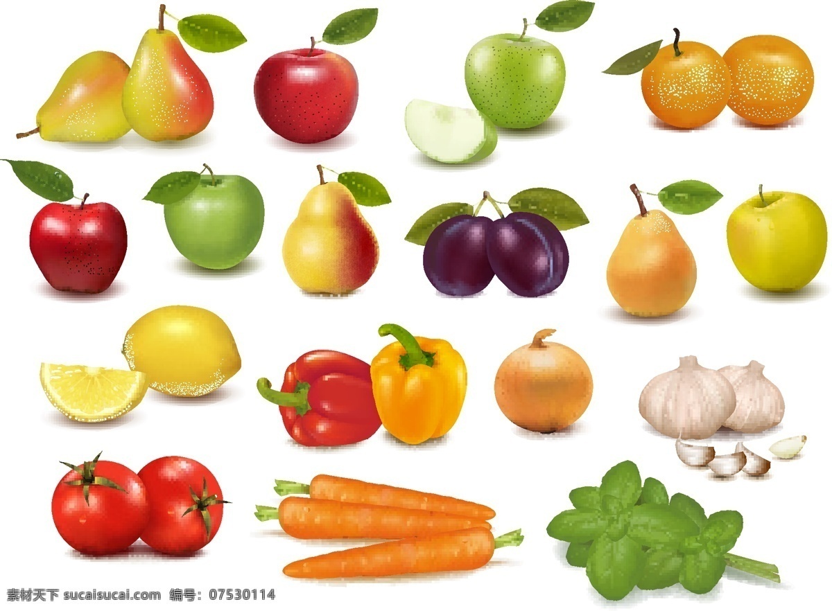 卡通蔬菜水果 苹果 卡通苹果 梨 李子 胡萝卜 大蒜 洋葱 西红柿 番茄 矢量苹果 卡通水果 果实 矢量水果 餐饮美食 生活百科 矢量素材 白色