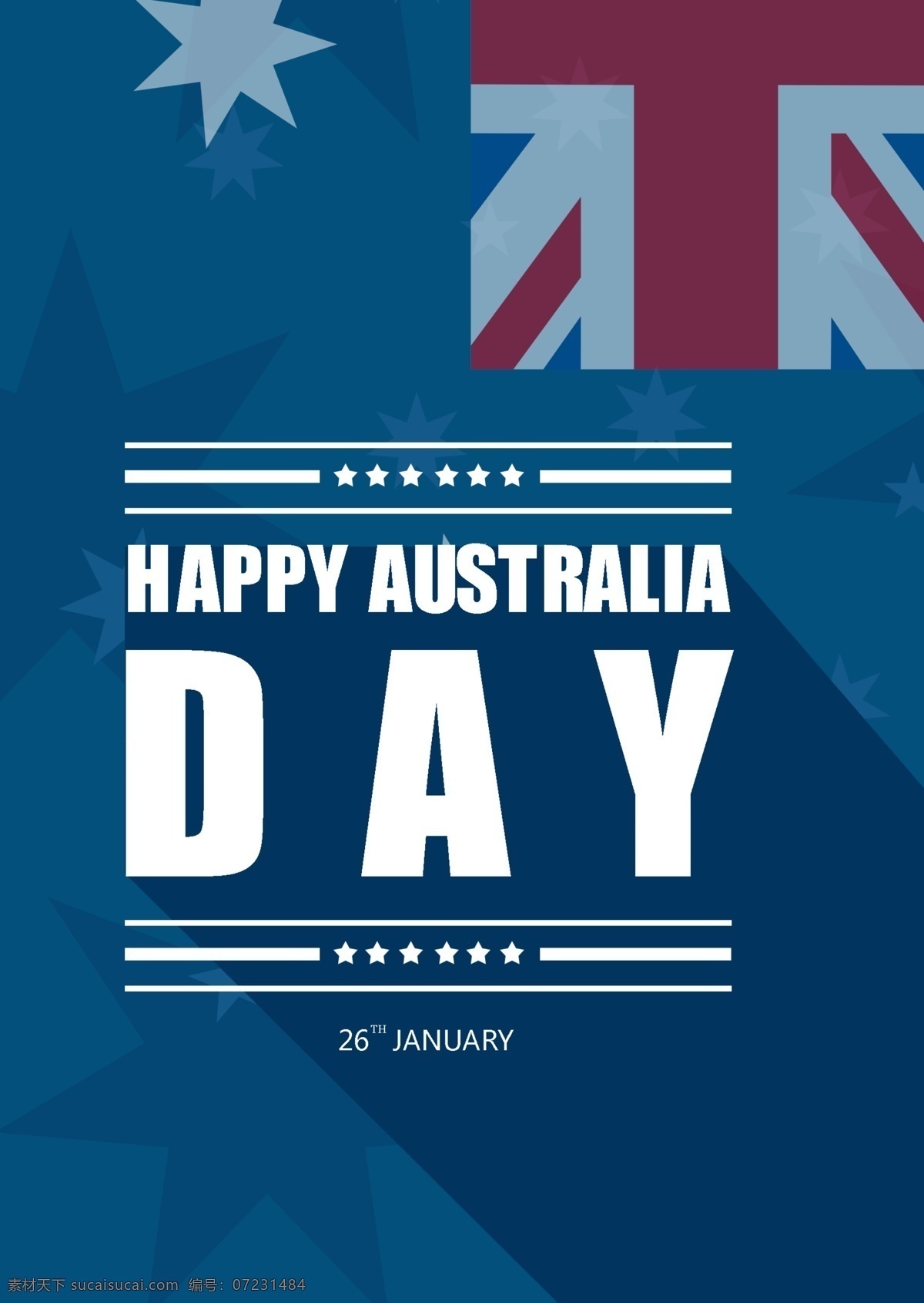 蓝色 扁平化 投影 澳大利亚 日 庆祝 海报 模板 简约 手绘 节日 宣传 纪念日 国旗 星星