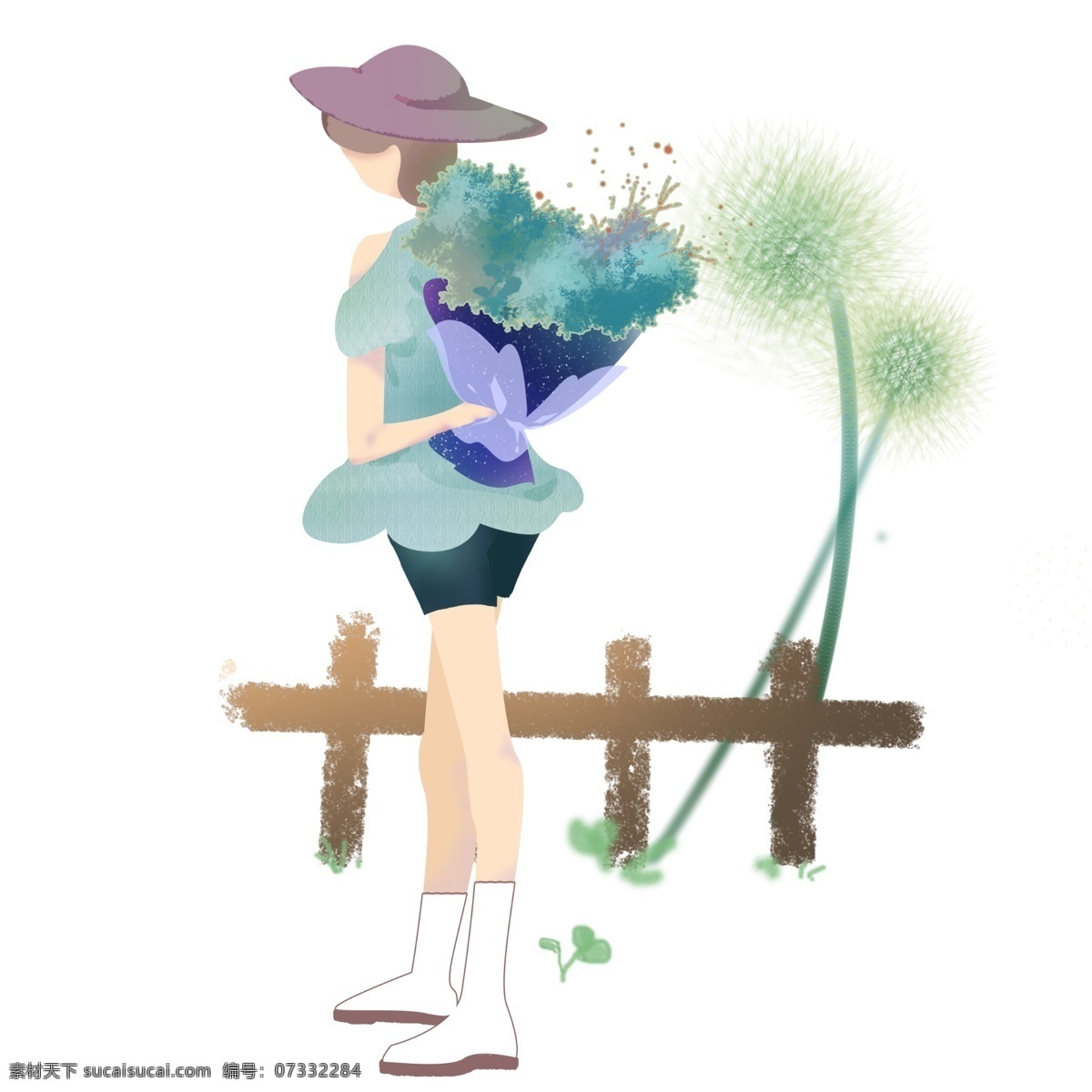 绿植 发芽 卡通 插画 漂亮的女孩 卡通插画 发芽插画 植物插画 绿植发芽 花朵发芽 蓝色的花束