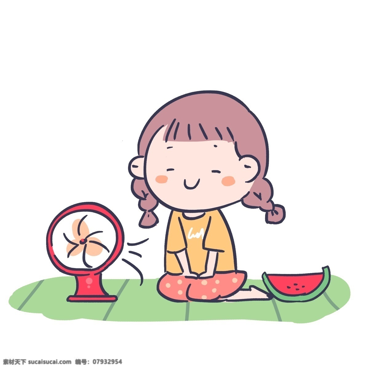小女孩 西瓜 笑脸 微笑 表情 夏天 夏日 风扇 清凉 休闲 开心 快乐 幸福 温馨 可爱 简约 平面 简单 卡通