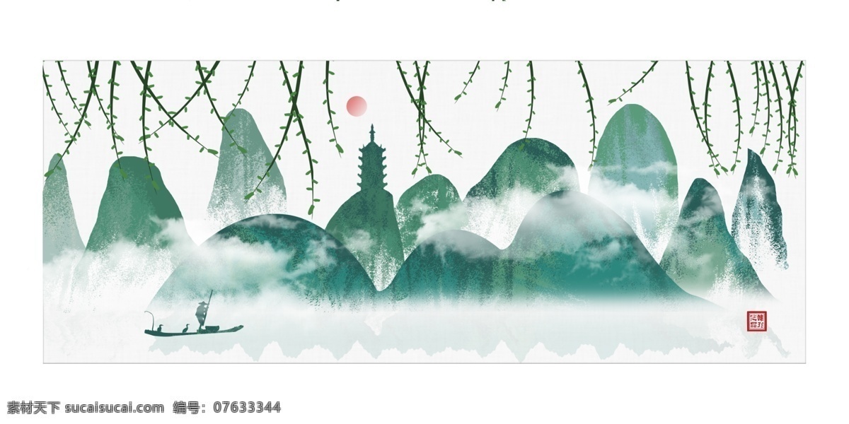 中国 风 柳丝 绿色 清明 民俗 客厅 酒店 横 式 装饰画 节气 节日 无框画 垂柳 诗词 小船 酒店装饰画 斑驳 机理 笔触 桂林山水