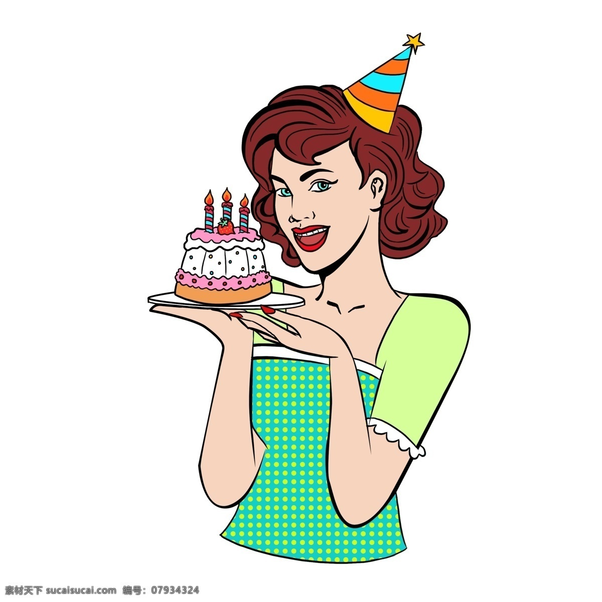 年代 复古 波普 风 生日 女人 女生 生日蛋糕 插画 礼帽 80年代 波普风 手绘 过生日