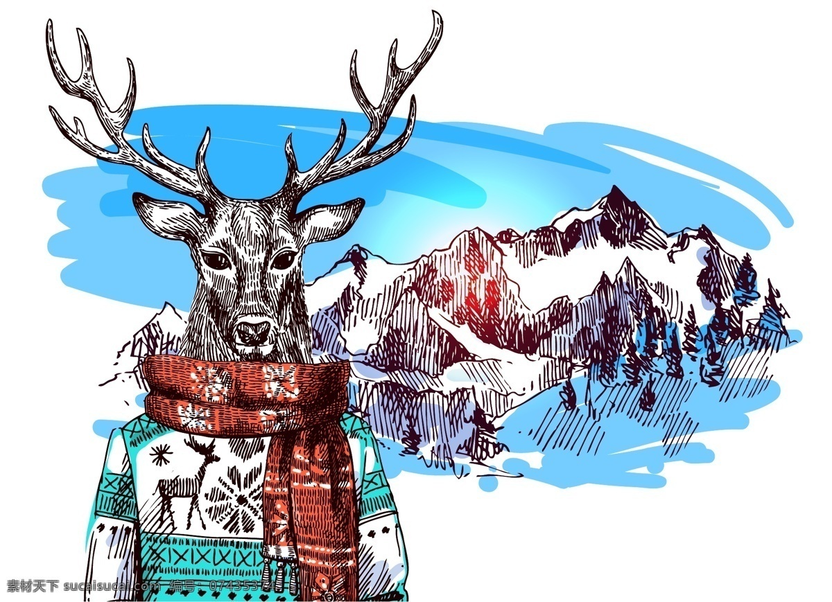 手绘 可爱 卡通 驯鹿 插画 冬天 动物 风景 雪山