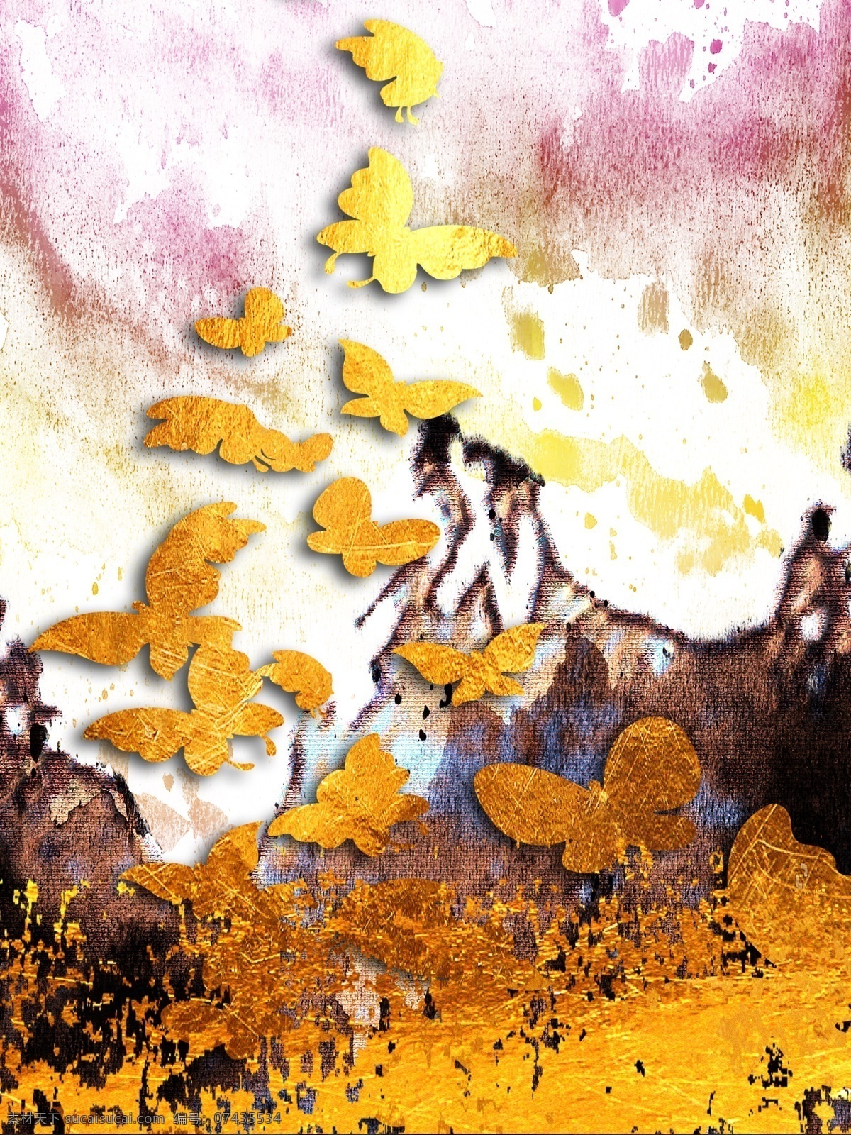 新 中式 金色 蝴蝶 群 客厅 装饰画 淡水彩背景 金色蝴蝶 抽象山石 客厅装饰画 一联画
